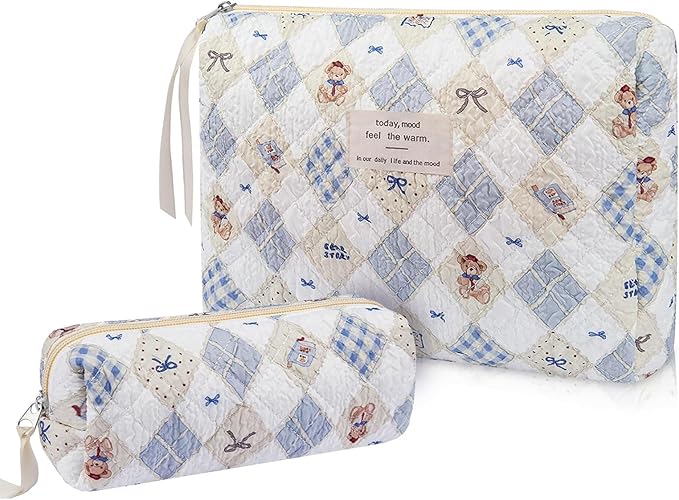2PC Makeup Bag Set, Cute Cosmetic Bag for Women Girls, Floral Coquette Aesthetic Toiletry Bag, Travel Make Up Organizer Bag (Argyle Bear)