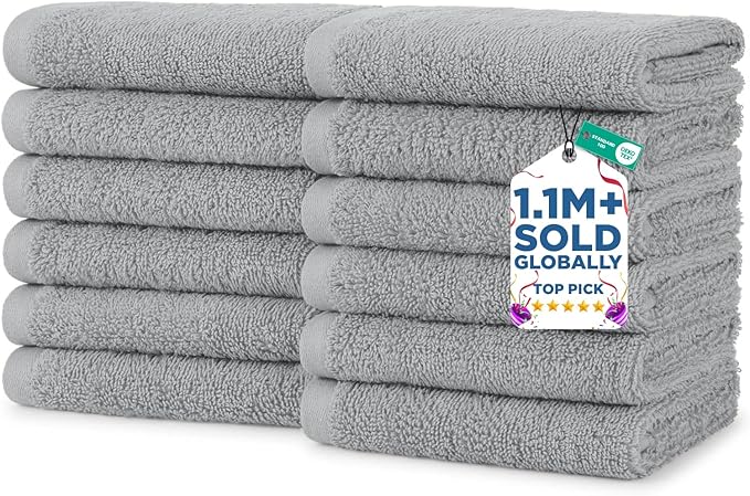 DAN RIVER 12 Pack Wash Cloths for Showering [12x12] - 100% Cotton Washcloths Premium Quality Flannel Face Cloths for Bathroom, Highly Absorbent and Soft Feel Wash Clothes, Silver