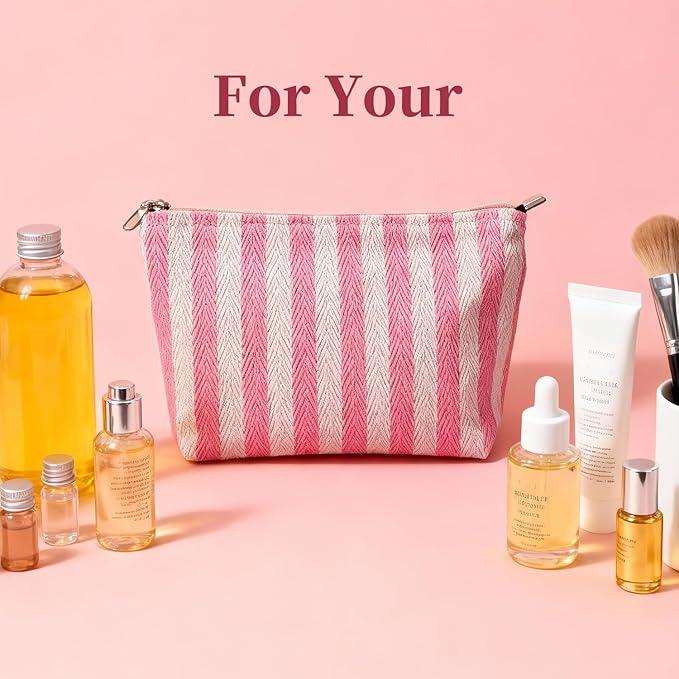 Pink Striped Canvas Makeup Bag, Lightweight Cosmetic Pouch with Large Zipper Pull & Cotton Blend Lining, Travel Toiletry Organizer for Women & Gifts, Skincare Bag Hygiene Pouch Sunscreen Bag