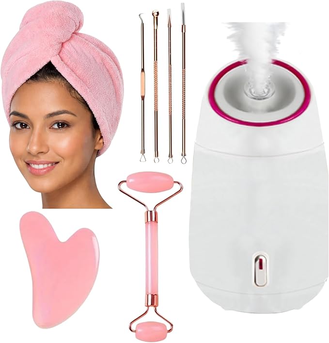 Facial Steamer,Complete Home Spa Set – Jade Roller, Gua Sha, Blackhead Remover Tools, Microfiber Hair Towel, Deep Pore Cleansing, Hydrating