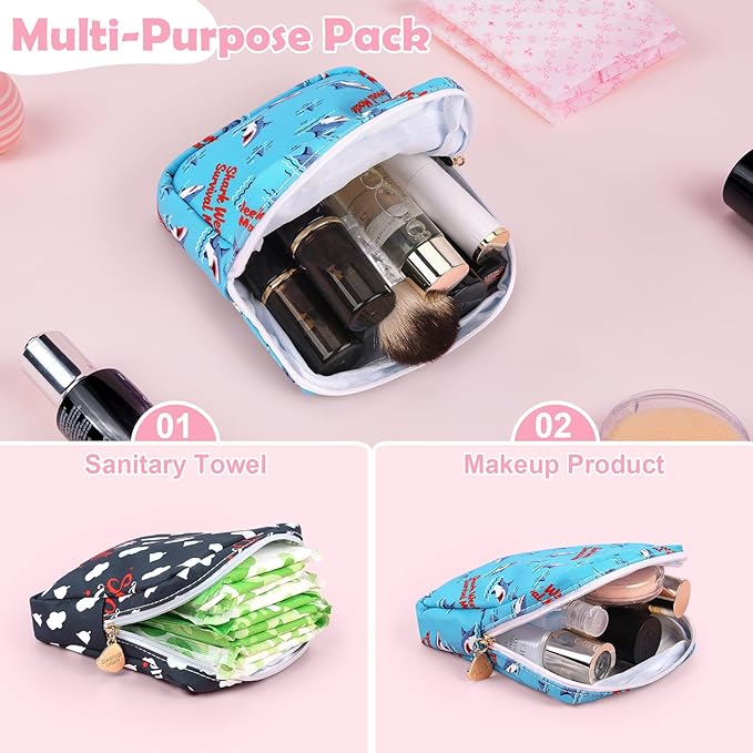 Desing Wish Sanitary Pad Storage Bag Portable Period Bag for Teen Pads/Sanitary Napkins/Small Tampons, Sanitary Napkin Storage Bag First Period Gifts for Teen Girls (Shark Week)