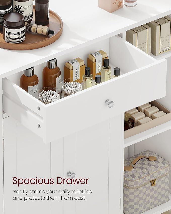 VASAGLE Floor Storage Cabinet with Drawer, Freestanding Cabinet with Doors, 3 Open Compartments, Adjustable Shelves, 11.8 x 29.5 x 31.5 Inches, for Bathroom, Living Room, Cloud White UBBC142W01