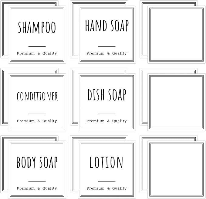 Segbeauty Bathroom Organization Labels, 18pcs Waterproof Soap Dispenser Bottle Label Stickers, White Removable Self-Adhesive Stickers for Shampoo Conditioner Hand Soap Lotion Dish Wash Bottles