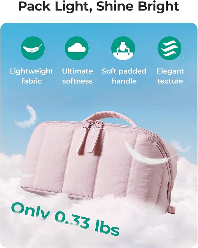 BAGSMART Travel Makeup Bag for Women, Portable Water-resistant Cosmetic Case, Puffy Padded Make Up Organizer Pouch, Open Flat Toiletry Bag for Toiletries, Brushes, Checkred Khaki