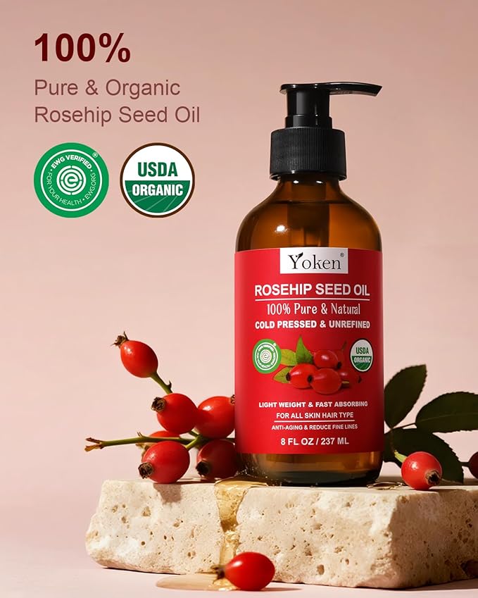 Rosehip Seed Oil Organic, USDA Certified 100% Pure Rosehip Oils for Skin & Hair, 8 fl oz Cold Pressed Rose Hip Oil for Full Body Care, Moisturizing, Gua Sha, Massage, Carrier Oil