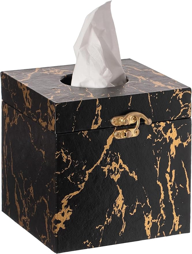 Black and Gold Marble Tissue Box Cover for Kleenex Box, Modern Elegant Tissue Box Holder with Lock for Bathroom, Bedroom, and Living Room, Square Shape Toilet Tissue Holder Organizer