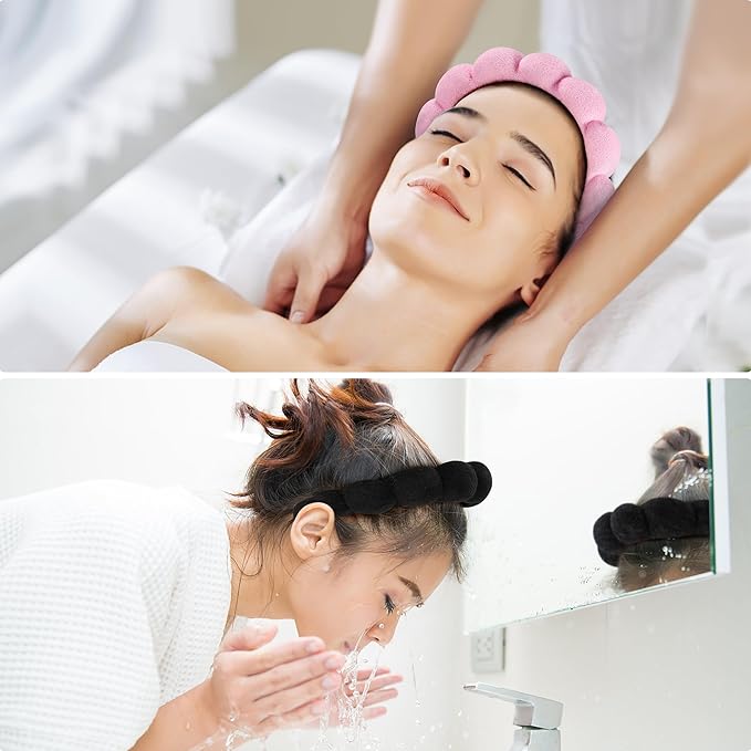 Spa Headbands for Washing Face or Facial, Set of 2 Skincare Headbands, Terry Cloth Headband Wash Combo Pack - Puffy Makeup Washing, Mask, Skin Treatment (Black & Pink)