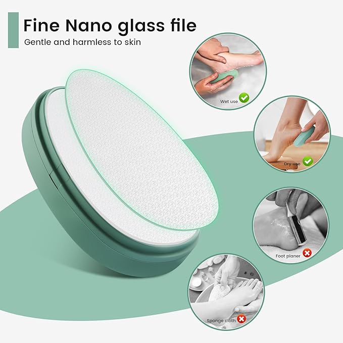 BEZOX Nano Glass Foot File Callus Remover with Cover – Gentle Glass Foot Pumice Stone, Effective Feet Scrubber for Dead Skin, and Portable Pedi Egg Foot Care Tool - Green