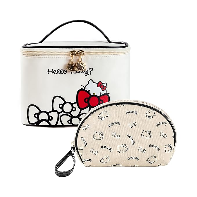 Vimanllie Travel Makeup Bag Large Cosmetic Bags with Brush Holder,Beige 2PCS Portable Cosmetic Case for Women,Portable Toiletry Bag for Girls