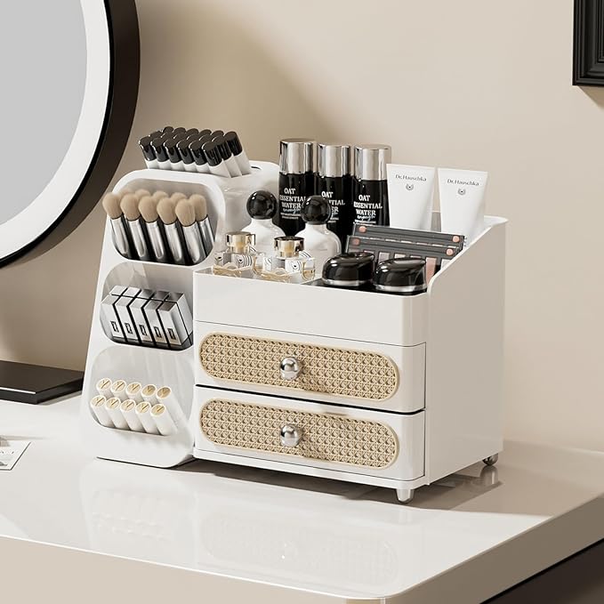 Makeup Organizer with Drawers for Vanity,Spacious Cosmetic Display Case,Perfect Storage Solution for Your Beauty Essential (All White)