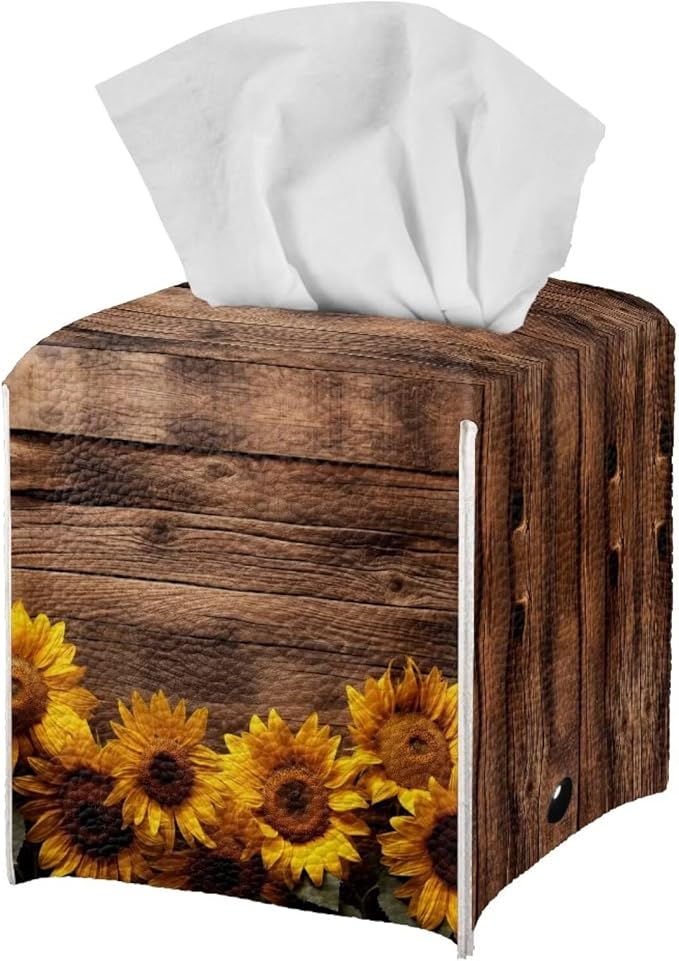 Sunflower Board Tissue Box Holder Portable Lightweight Square Tissue Box Cover Holder with Metal Button Waterproof Napkin Case for Home Office Car Automotive Decor