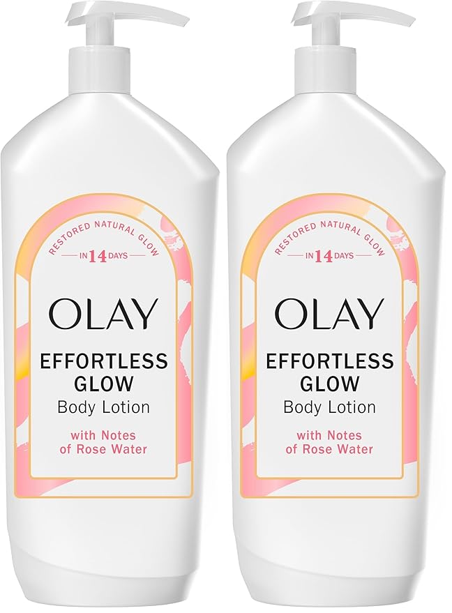 Olay Body Lotion for Women, Effortless Glow,Restore Natural Glow, 24hr Moisturizing & Deep Hydration, Absorbs Instantly, Penetrating Vitamin B3,For All Skin Types,Rose Water Scent,18 fl oz,(Pack of 2)