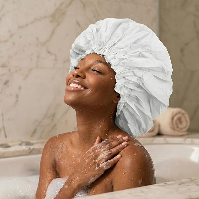 DONNA Super Jumbo Shower Cap – Comfortable Elastic Band, 100% Waterproof Hair Cap for Long Hair, Braids & Thick Styles, Reusable Big Shower Cap for Women, Keeps Hair Dry & Protected, Black