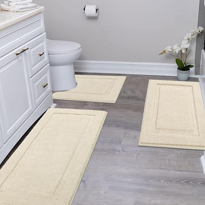 SHACOS Soft Fluffy Bathroom Runner Rugs Set of 3 Bath Mats with U Shape Toilet Rugs Non Slip Washable Bath Rugs Absorbent Bathroom Carpet for Shower Tub, Light Beige