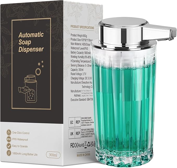 Automatic Soap Dispenser Foam for Kitchen: 11 OZ Glass Touchless Clear Auto Foaming Soap Dispenser for Bathroom - Hand Dish Lotion Home Countertop Kids - Family Couple