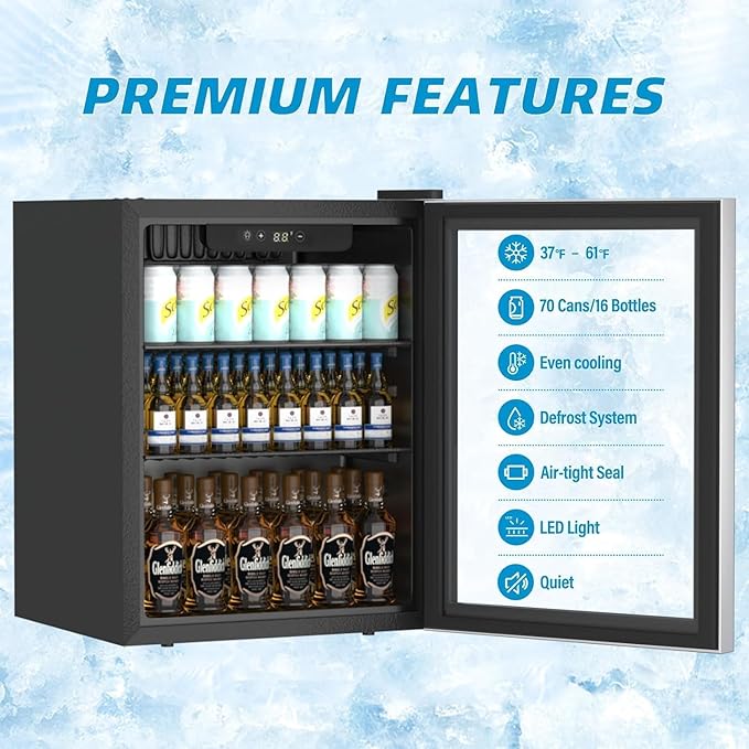Compact Beverage Refrigerator, 1.7Cu.Ft/70 Can Mini Fridge with Glass Door and Digital Display, Small Drink Fridge with Adjustable Shelves for Soda, Beer, or Wine, Compact Fridge for Bedroom