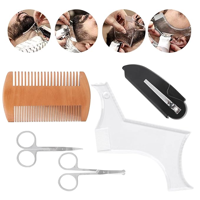 Beard Shaping Tool, Professional Beard Grooming Styling Set with Transparent Template Comb and Stainless Steel Scissors for Men Facial Hair Care