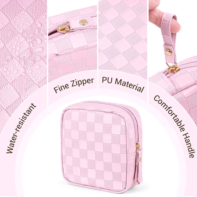 MAGEFY Small Makeup Bag for Purse, Checkered Makeup Bag Small Pouches for purse Leather Mini Make Up Bag Cute Cosmetic Bag for Women with Slip-in Pockets,Pink