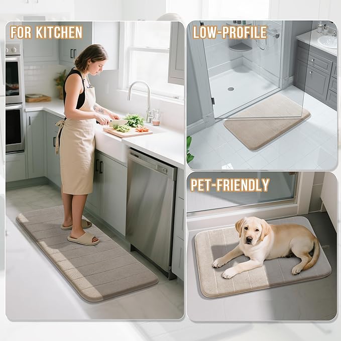 Yimobra Large Bath Mat Set 2 Piece- Super Soft Absorbent Quick Dry Memory Foam Bathroom Rugs, Machine Washable Non Slip Floor Carpet for Tub Shower & Double Vanity (17x24 & 44x24, Beige)