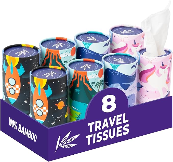 Bim Bam Boo 100% Bamboo Facial Tissue Tubes, 3-ply Hypoallergenic Travel Tissues in Car Tissue Holder, 8 Eco-Friendly Cylinder Tissue Tubes