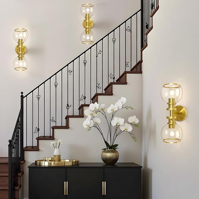 Bathroom Sconces Set of Two, Brushed Gold Wall Sconces with Clear Glass, Hardwired Modern Sconces Wall Decor Set of 2, Wall Light Fixtures for Bathroom Living Room Mirror Hallway Bedroom