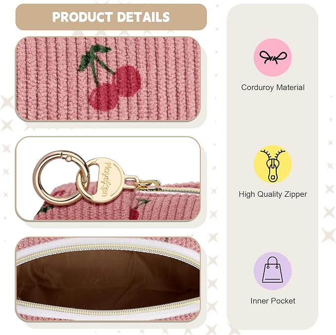 Mini Makeup Bag, Corduroy Small Cosmetic Bag for Purse with Ring Buckle, Cherry Travel Makeup Pouch for Lipsticks, Chapsticks, Coin, Earphone, Credit Card (Pink)