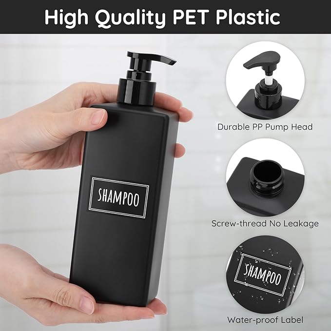 Segbeauty 8 Pack Bathroom Soap and Shampoo Dispenser, Matte Black Plastic Square Body, 16.9oz & 500ml Refillable