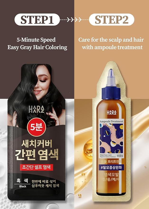 Hair Dye + Ampoule Anti Hair Loss Treatment, Permanent Hair Color, 100% Gray Coverage, 2-Step Shampoo + 5-Minute Hair Color for Women & Men & Scalp Care Formula (BLACK)