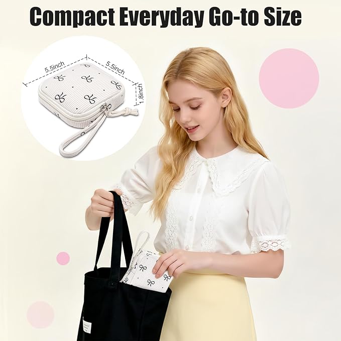 Small Makeup Bag | Discreet Period Bag Pad Pouch for Purse| Sanitary Napkin Storage & Tampon Holder for Travel (Cute black bow)