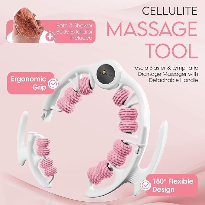 Cellulite Massage Roller, Fascia Blaster, Lymphatic Drainage Massager, Relieve Muscle Soreness, Body Sculpting Tool with Detachable Handles for Thighs, Legs, Buttocks, Gift Exfoliating Brush (Pink)