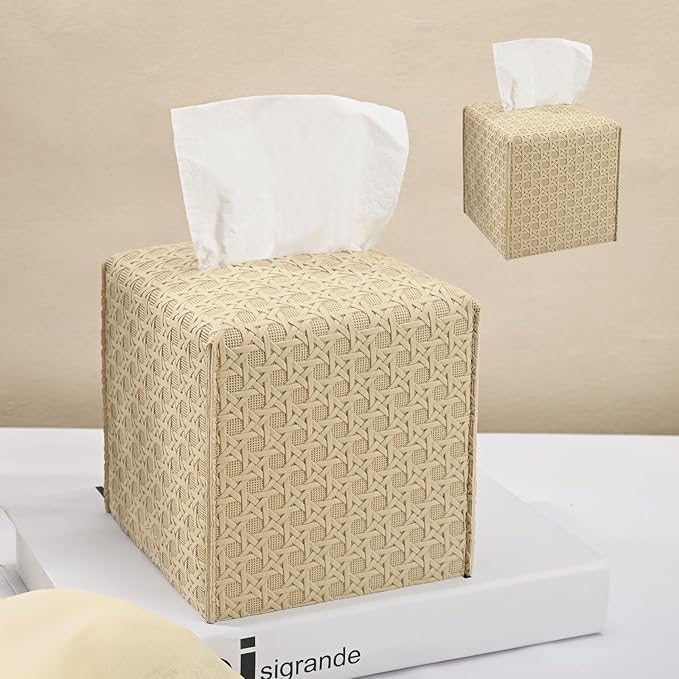 HOMOTEK 2 Pack Tissue Box Cover, Square PU Leather Tissue Holder, Decorative Facial Tissue Cube Paper Organizer Dispenser for Bathroom, Night Stands, Desk, Car 5X5X5'' - Rattan Weave,Beige