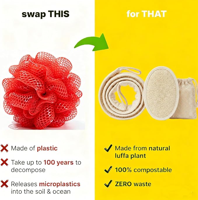 Natural Loofah Back Scrubber for Shower for Men and Women, Exfoliating Loofah Sponge with Soap Saver, 4-pcs