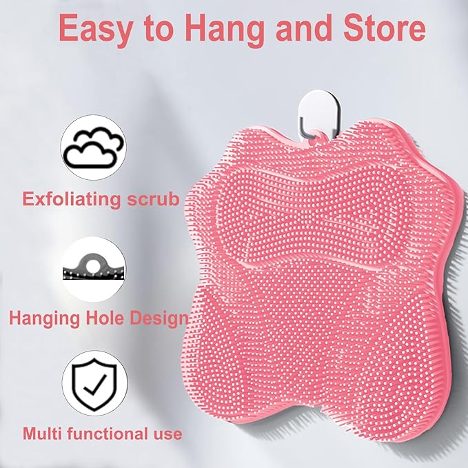 Shower Foot Scrubber, Shower Foot and Back Scrubber with Suction Cups, Shower Silicone Foot Washer for Exfoliating Massage（Pink）