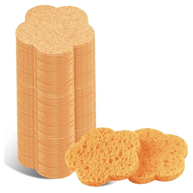 100-Count Facial Sponges Compressed Facial Sponges Natural Facial Cleansing Sponges Pads Cute Flower Shape Exfoliating Sponges for Cleansing Reusable,Best Makeup Gift, Deep Yellow