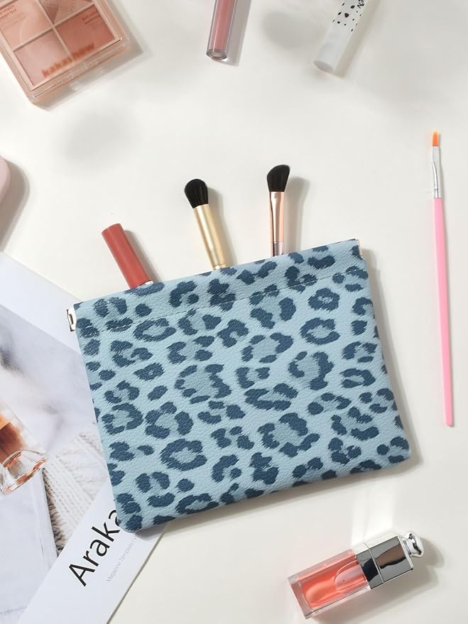Leopard Leather Small Makeup Pouch for Women,Cosmetic Accessories,Waterproof and Portable Cosmetic Bag,Self-closing, No Zipper, Aesthetic Storage Pouch,Lipstick for Purse,Azure-blue