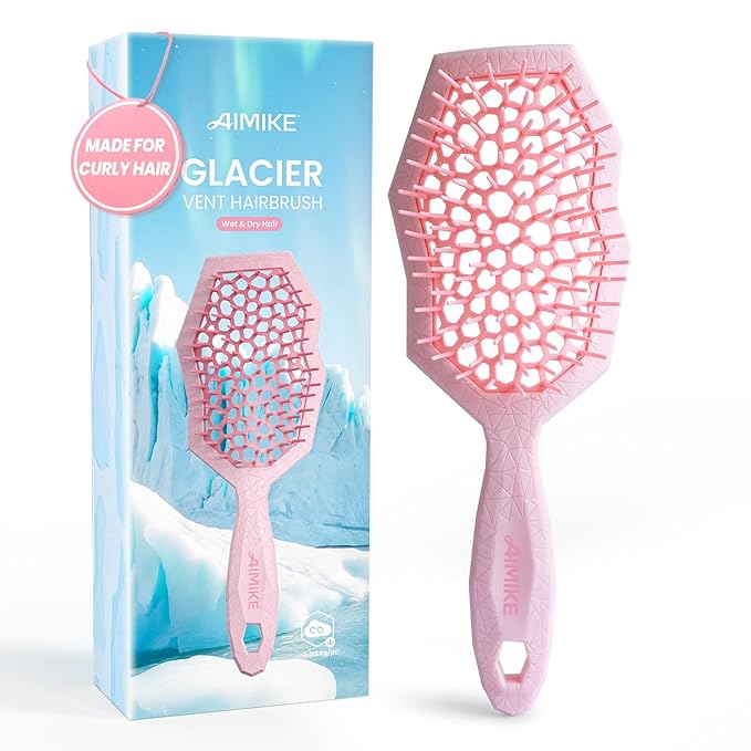 AIMIKE Glacier Detangling Brush, Pain-Free Detangler Brush for Curly Hair Wet & Dry Use, Glide Through Tangles with Ease, Vented Hairbrush for Women's 2c to 4c Curls, Pink