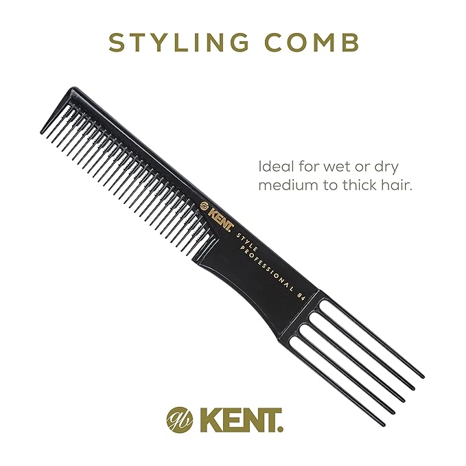 Kent SPC84 Hair Pick Comb for Curly, and Thick Hair – Professional Antistatic Heat-Resistant Prong Fork for Volume and Lift – Barber Teasing Comb for Natural Styling and Maintenance