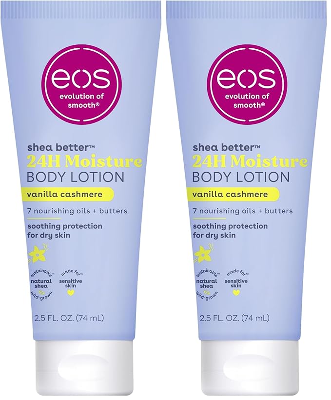 eos 24H Moisture Travel Body Lotion- Vanilla Cashmere,Travel Size Essential,Toiletries,Mini Body Lotion For Dry Skin,2.5 fl oz,(Pack of 2)