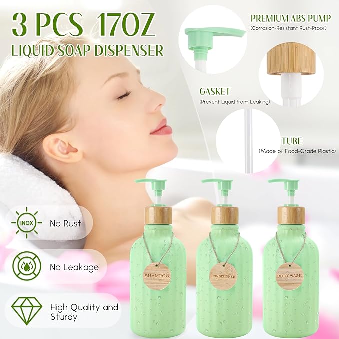 Green Bathroom Accessories Set 17PCS Bathroom Set with Trash Can 3PCS Lotion Soap Dispenser, Toothbrush Holder, 6PCS Wood Tags Bath Accessories with Tray for Kitchen Bathroom