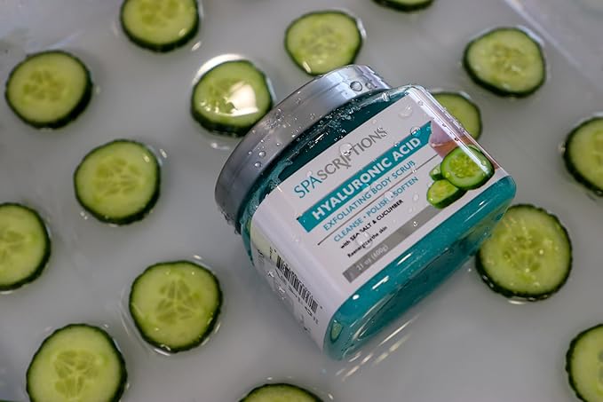 SpaScriptions Hyaluronic Acid Sugar Scrub - Hydrating Body Scrub Exfoliator with Seal Salt & Cucumber, Ideal for Dry & Rough Textured Skin, Helps Support Refershed, Hydrated & Smooth Skin, 21 oz