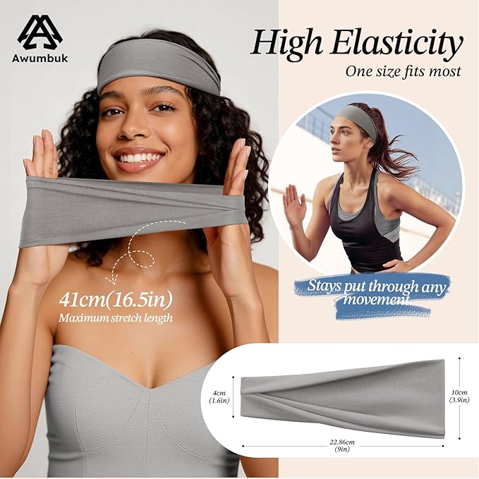 Headbands for Women, 8 Pack Non-Slip Moisture Wicking Sports Wide Head Bands, Stretchy Elastic Fabric, Multiple Colors Securing Hair for Fashion, Sports, Yoga, Running, Daily Life