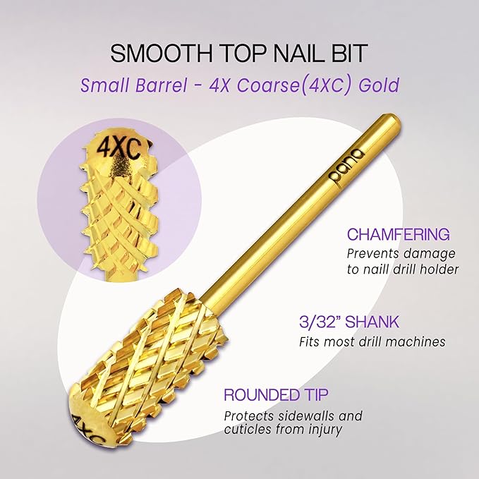 PANA 3/32" Small Barrel Smooth Top Carbide Naill Drill Bit for Manicure Pedicure Tools (Gold, 4X Coarse)