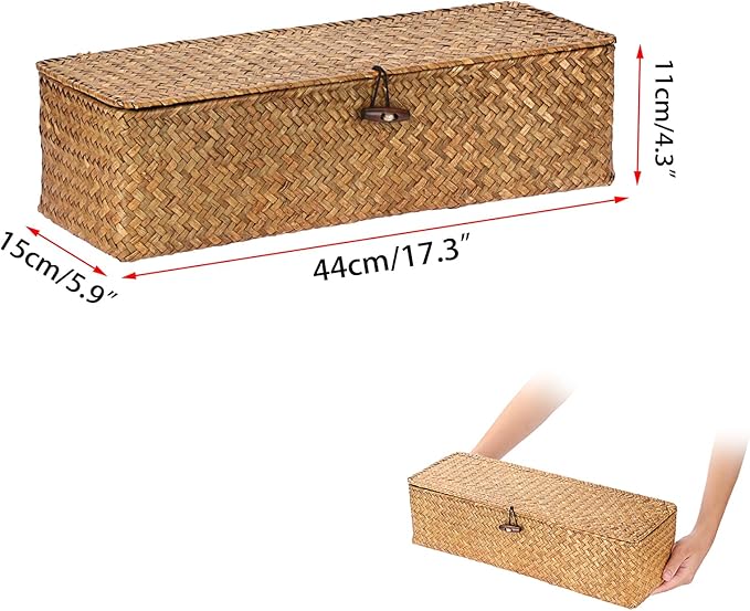 Sumnacon Extended Seagrass Storage Basket with Lid 3-Section Wicker Storage Basket,Small Woven Shelf Basket for Toiletries Tampon Storage,Seagrass Basket for Shelf Bathroom Toilet Counter,Caramel
