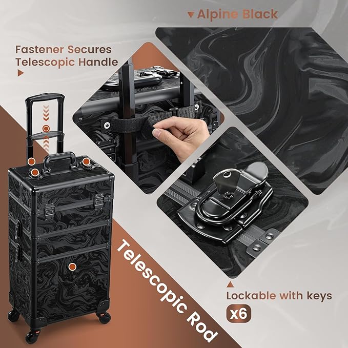 FRENESSA 3 in 1 Rolling Makeup Train Case Professional Cosmetic Trolley Large Storage with Keys Swivel Wheels Salon Barber Case Traveling Cart Trunk for Make Up Hairstylists Nail Tech, Alpine Black