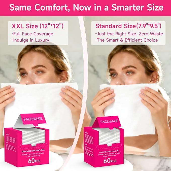 FACEMADE 60 Count Disposable Face Towels, 100% USDA Biobased Face Towelettes Disposable, Clean Facial Towels for Makeup and Clean Skin, Super Soft and Thick Dry Wipes Club