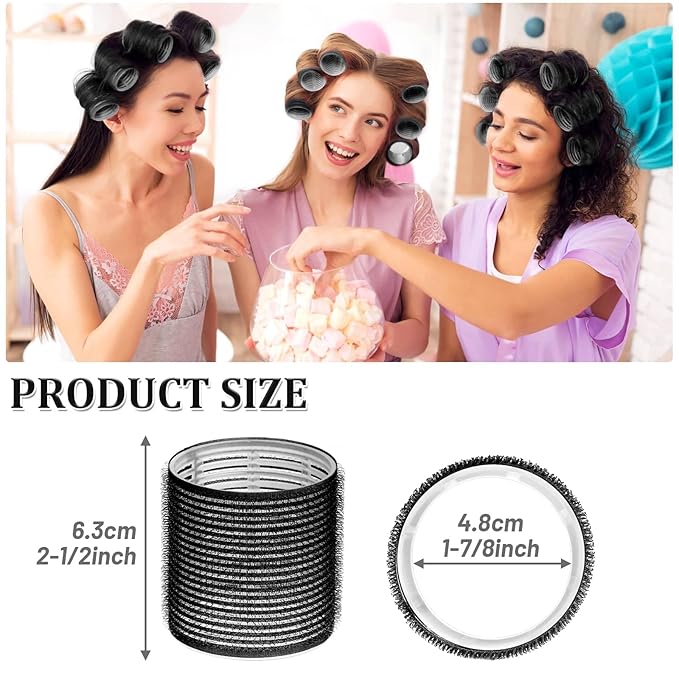 Big Self-Grip Hair Curlers Rollers with Stainless Steel Duckbill Clips for Long, Medium, Thick Hair and Bangs Volume (Black)