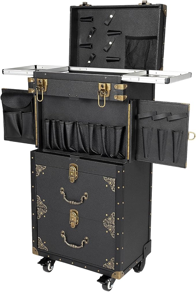 Rolling Lockable Makeup Train Case, Hairdressing Trolley Stylist Beauty Salon Cosmetic Luggage Travel Organizer Tool Box - 55.12lbs Capacity, Professional Cosmetic Organizer Box for Home