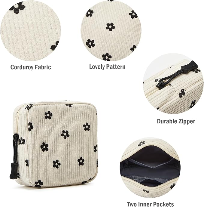 Small Makeup Bag for Purse,Mini Cosmetics Bag cute Zipper corduroy Cosmetic Pouch Storage Pouch Travel Toiletry Organizer for Women Girls(Flower)