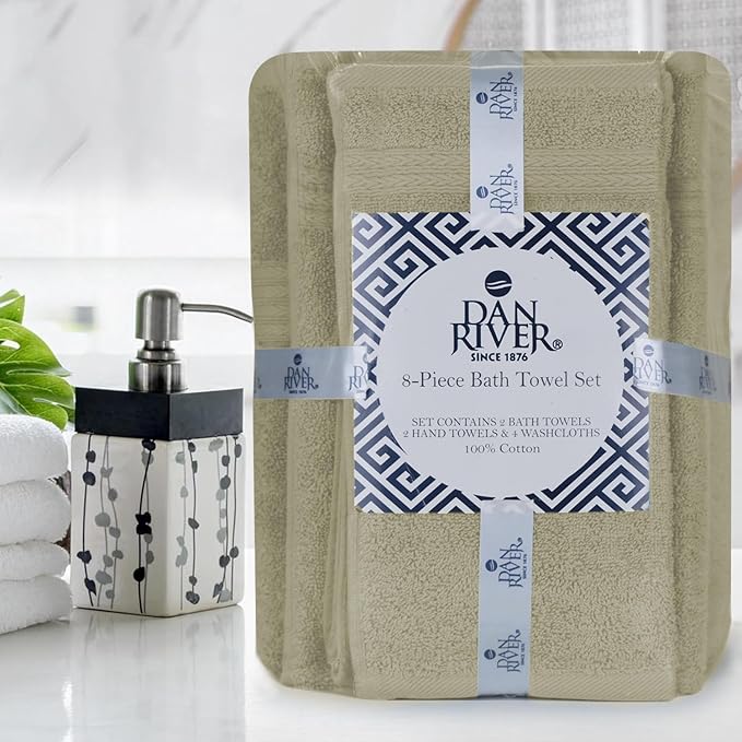DAN RIVER 8 PC Luxury Bath Towels for Bathroom, 2 Bath, 2 Hand, and 4 Wash Cloths, 600 GSM 100% Ring Spun Cotton Towel Set, Highly Absorbent, Gym, Hotel, and Spa, Beige