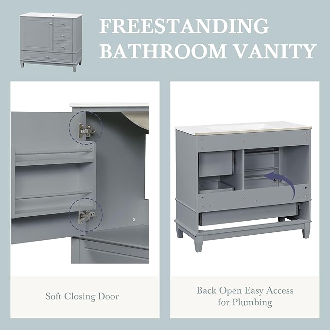 Harper & Bright Designs 36" Bathroom Vanity with Sink, Free Standing Single Vanity Set with 3 Drawers and One Door with Storage Racks, Wooden Storage Cabinet with Ceramic Basin for Bathroom, Grey